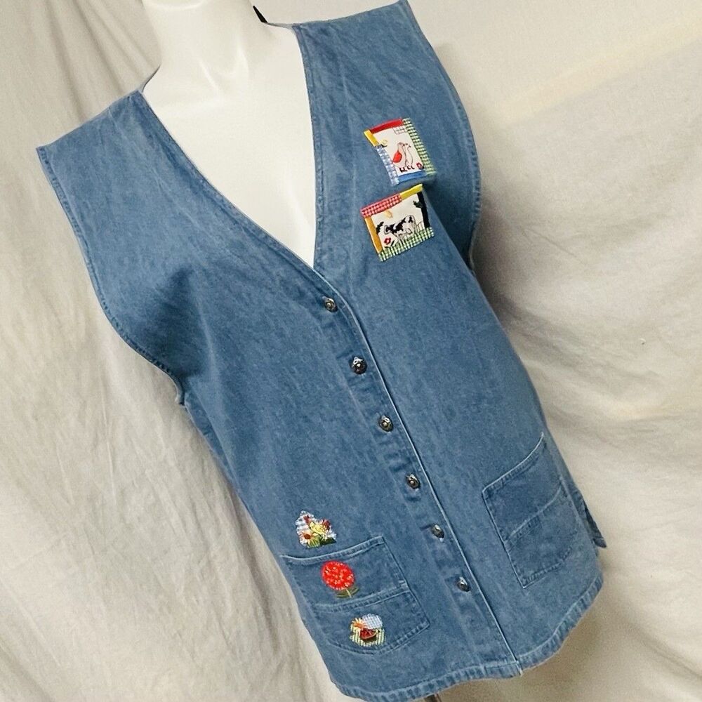 Peter Joseph & Honey Women’s Denim Vest Embroidery Patches Farm Animals Sz L New